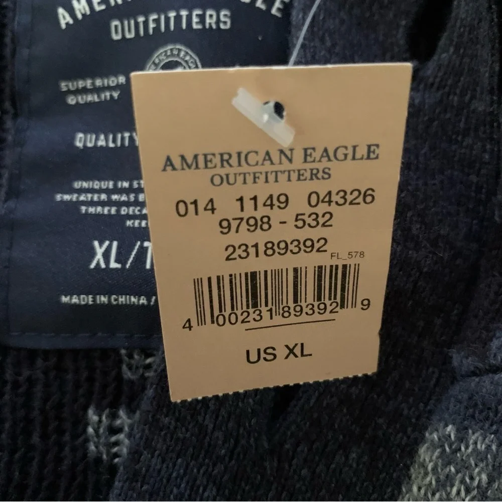 American Eagle Mens Nordic Fair Isle Navy Cotton Hooded Sweater Sz XL